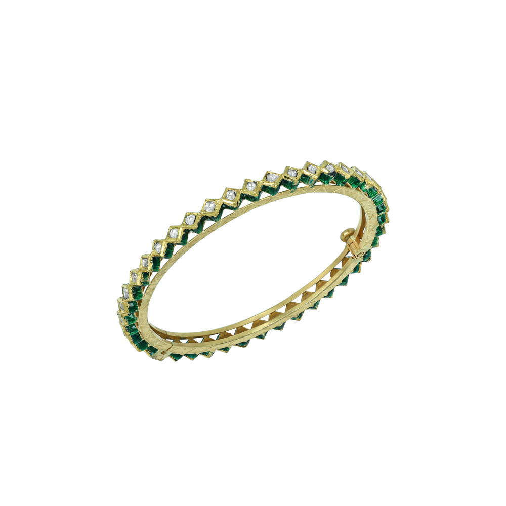 Geometric Gold Bangle with Green Enamel on Edge